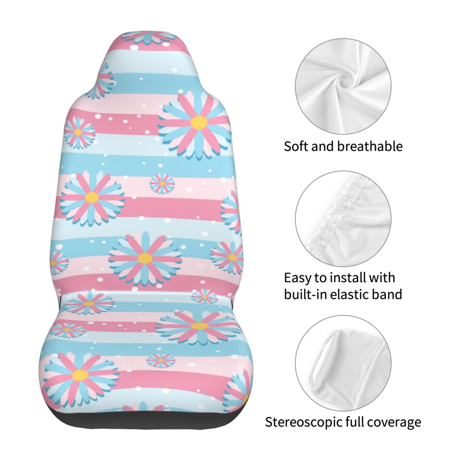 TEQUAN Front Seat Covers， Pastel Flowers Stripes Pattern 2 Piece Car Seat Cover Fit Most Car SUV Truck Van