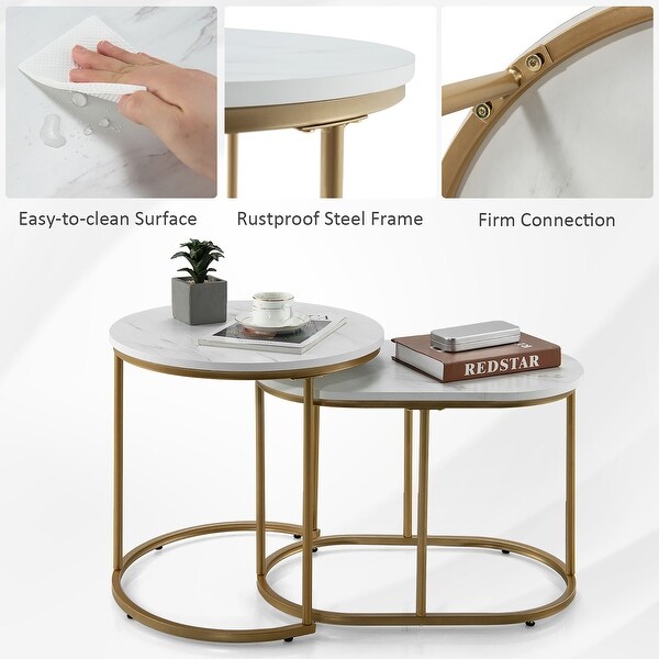 Costway Nesting Coffee Table Modern Set of 2 Marble Coffee Side Table