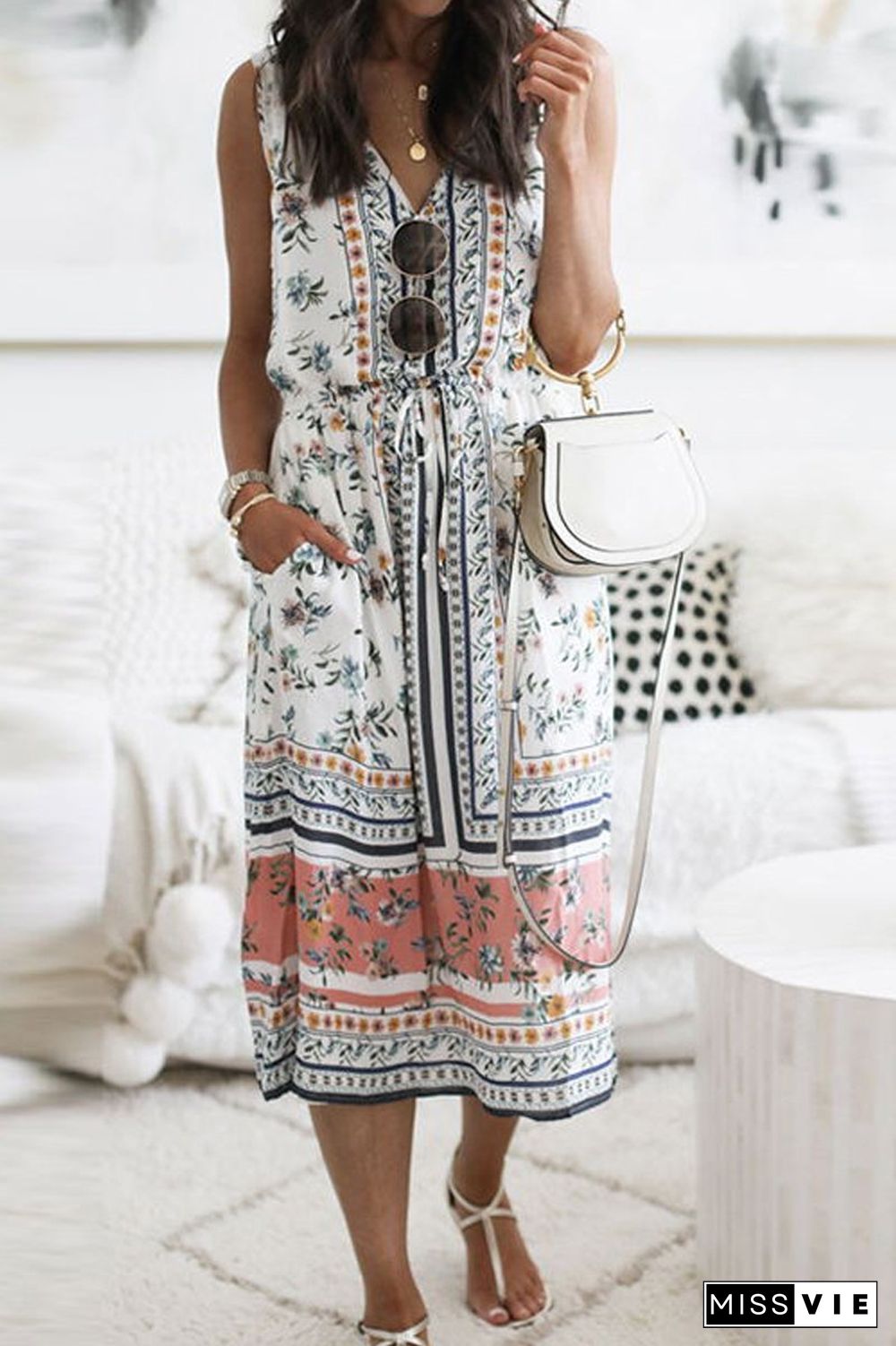 V-Neck Sleeveless Floral Printed Dress