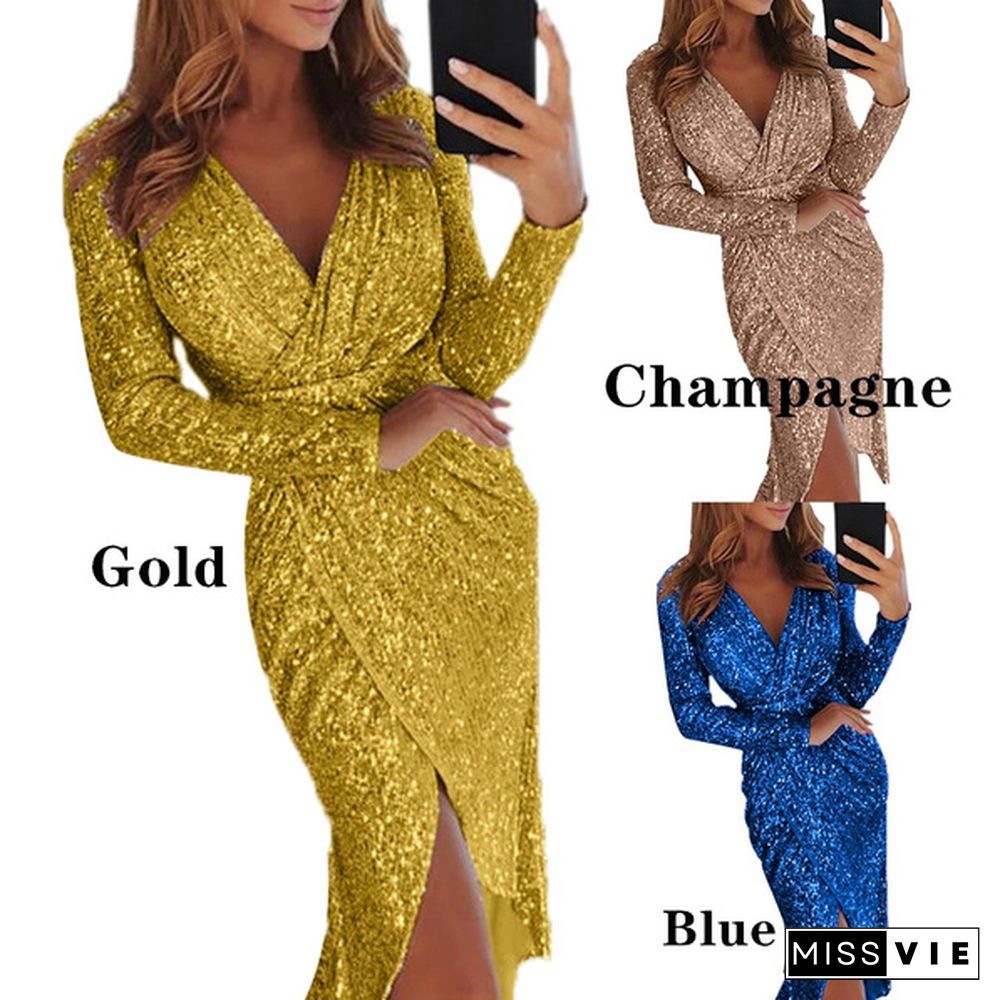 Midi Mini Fashion Women Sexy Club Dress Gift Lady Large Evening Dress Sexy Lady Sequin V-Neck High Open Wrap Dress Plus Size S-Xxxl