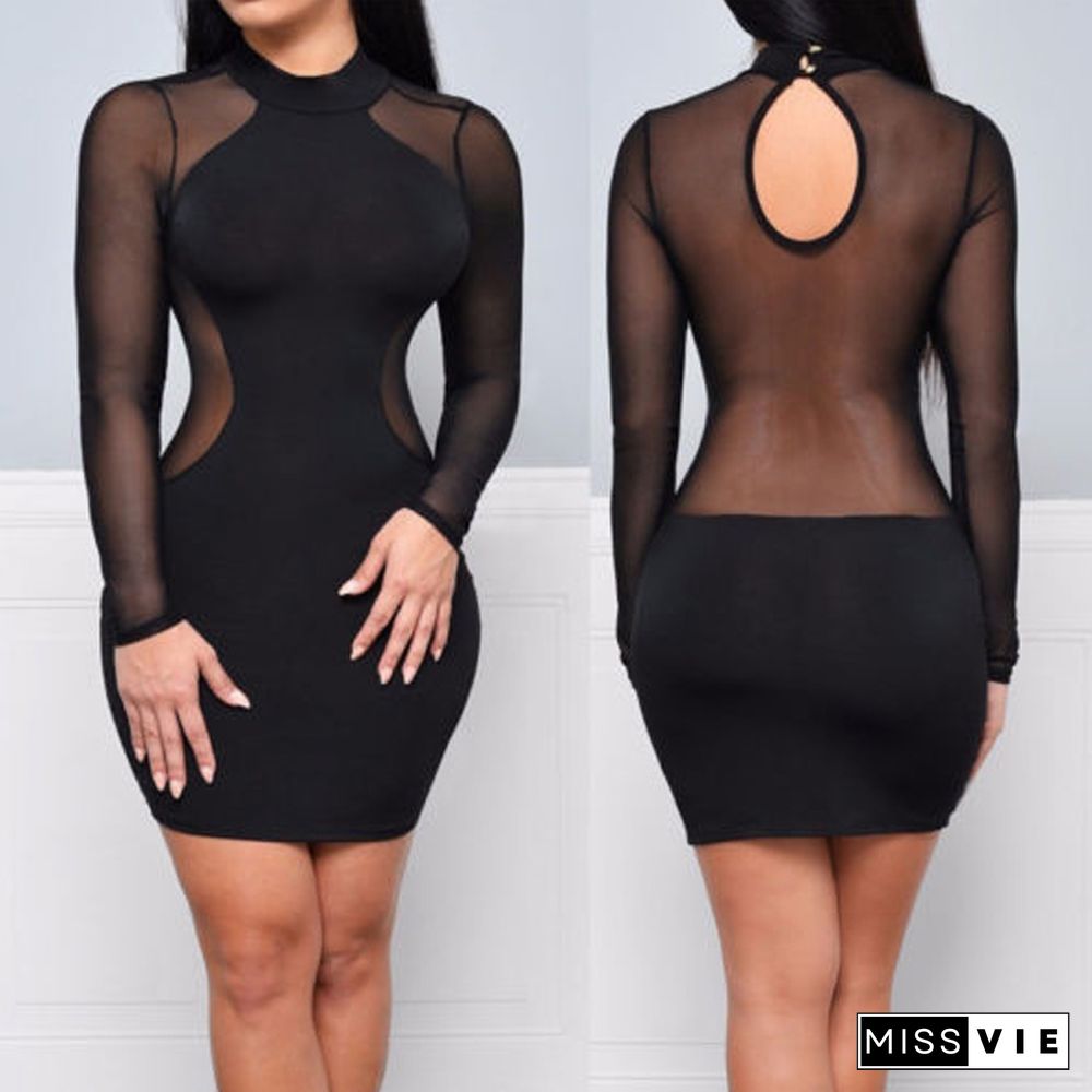 Sexy Women Dress See Through Mesh Bandage Bodycon Long Sleeve Evening Party Clubwear SexyClubStyle Mini Dress