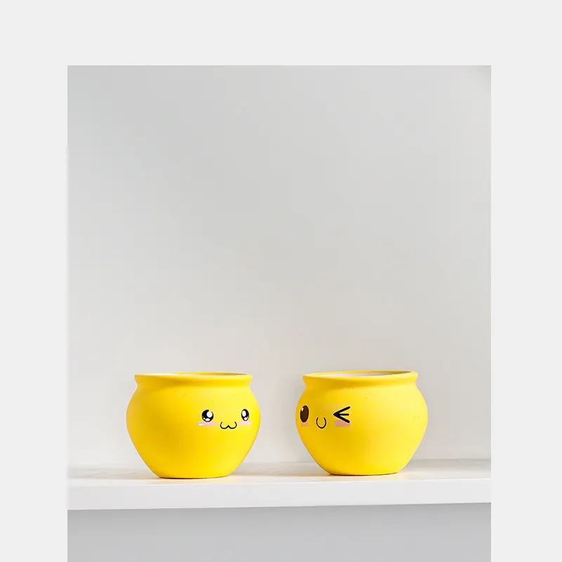 Custom yellow cute expression ceramic indoor succulent planter