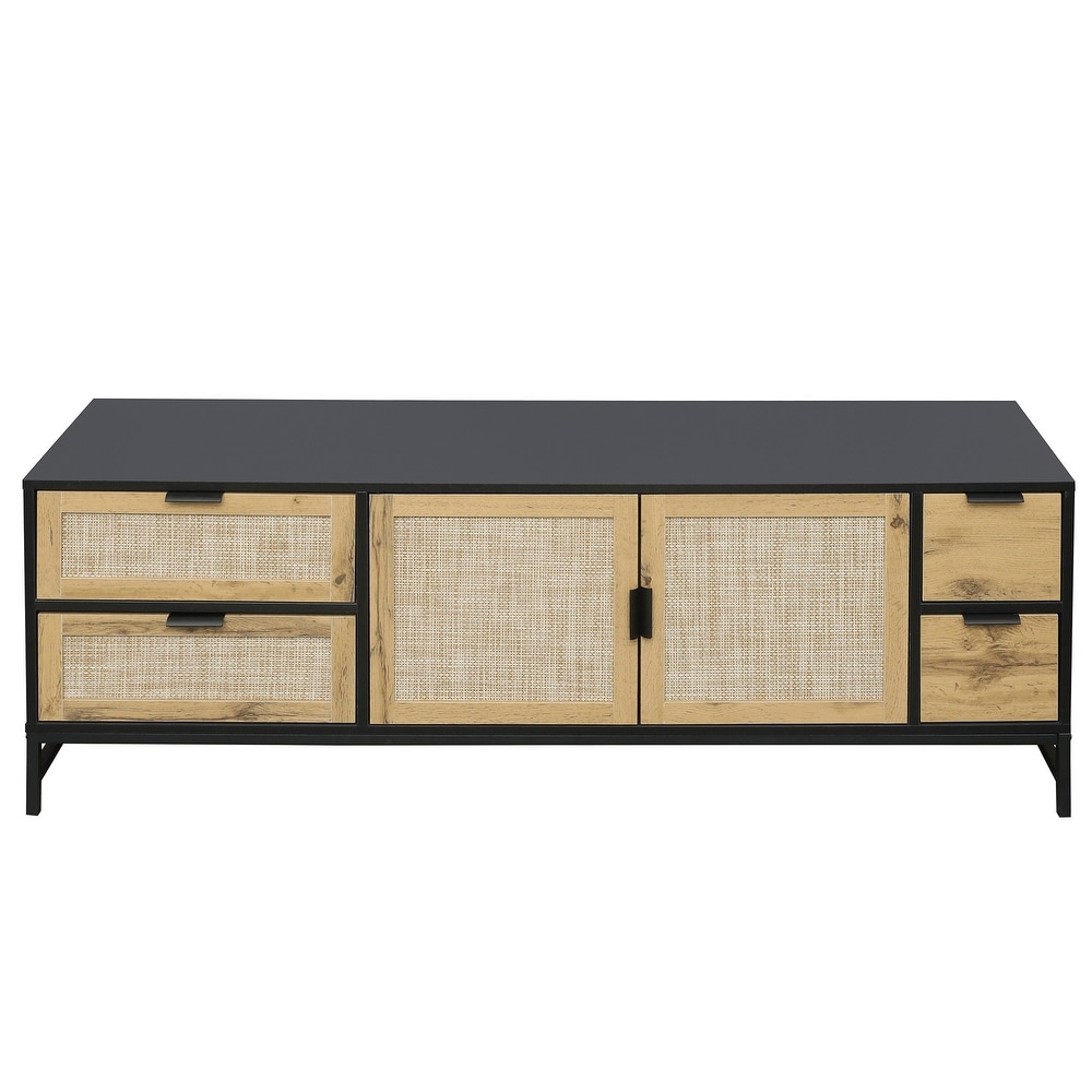 Elegant Rattan TV Stand Media Console with Adjustable Shelves  Sleek TV Console Table with Wood Grain Surface