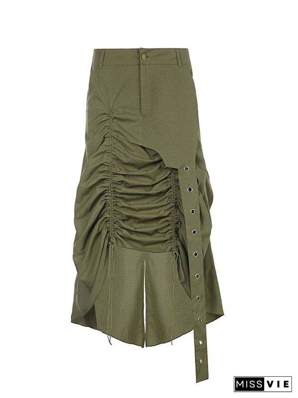 Drawstring Ruched Irregular Split Long Cargo Skirt