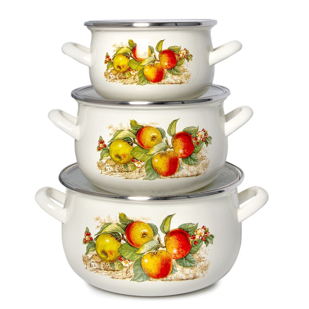 STP Goods Apples Enameled Deep Casserole Set of 3 w/Towel Set