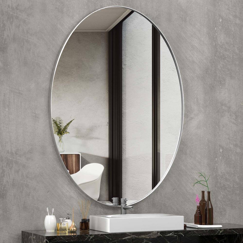 PAIHOME 22 in. W x 30 in. H Medium Oval Stainless Steel Framed Wall Bathroom Vanity Mirror Decorative Mirror in Brushed Silver HD-22301-SOSV