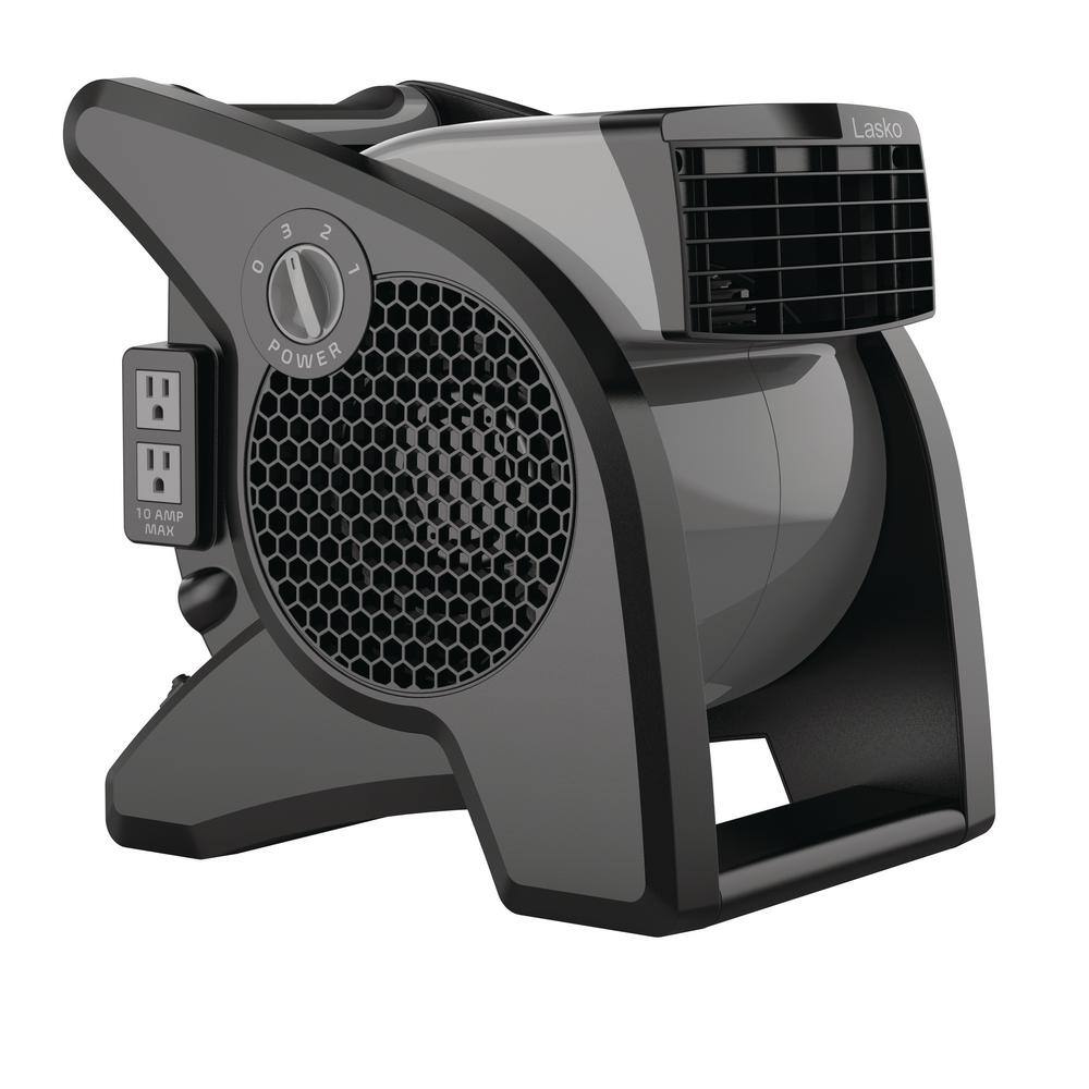 Lasko 11.2 in. 3 Speeds Blower Fan in Gray with Carry Handle Circuit Breaker Power Outlets High Velocity Utility Pivoting U15610