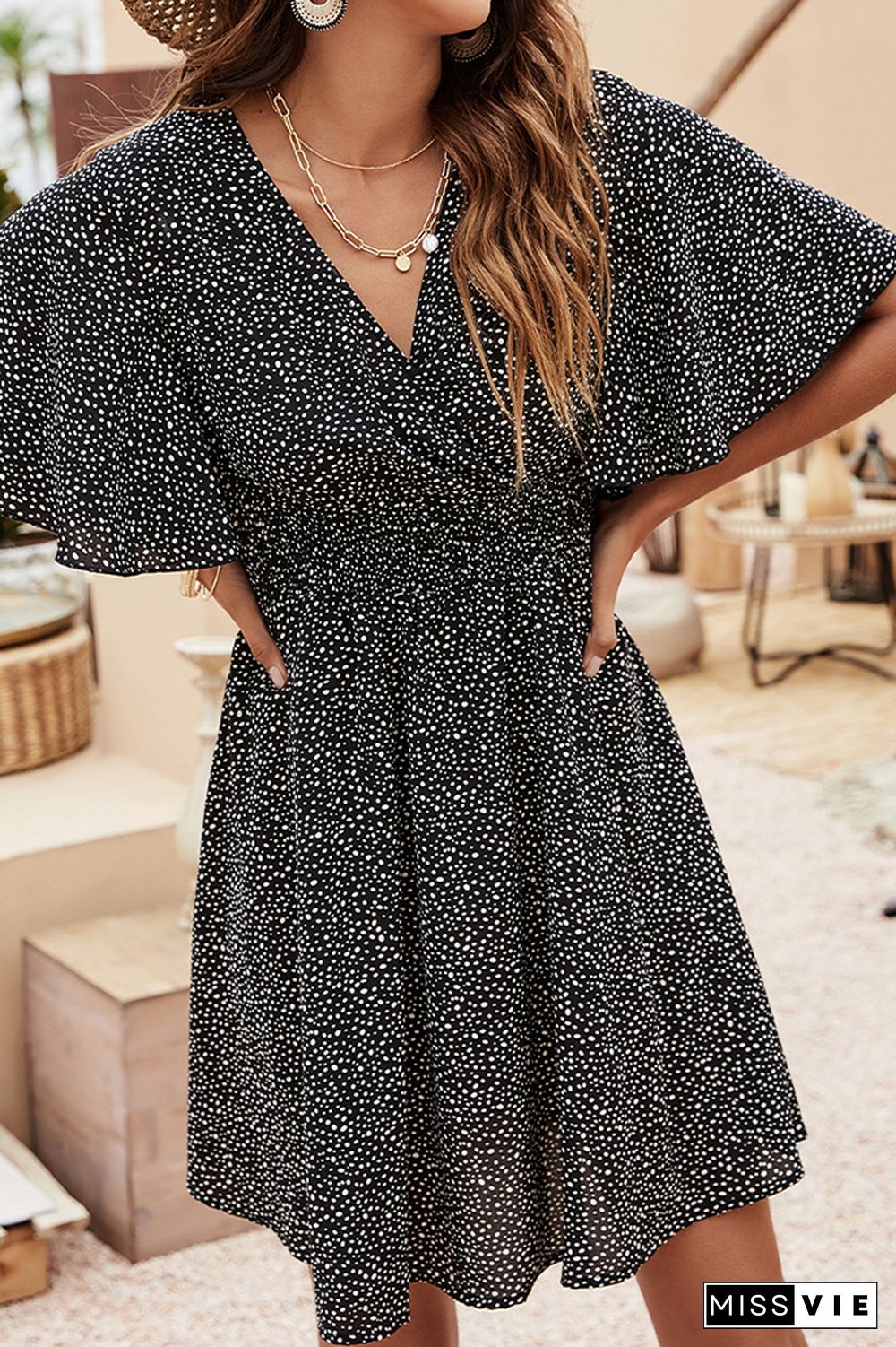 Black Spot Print Flare Sleeves V Neck High Waist Dress