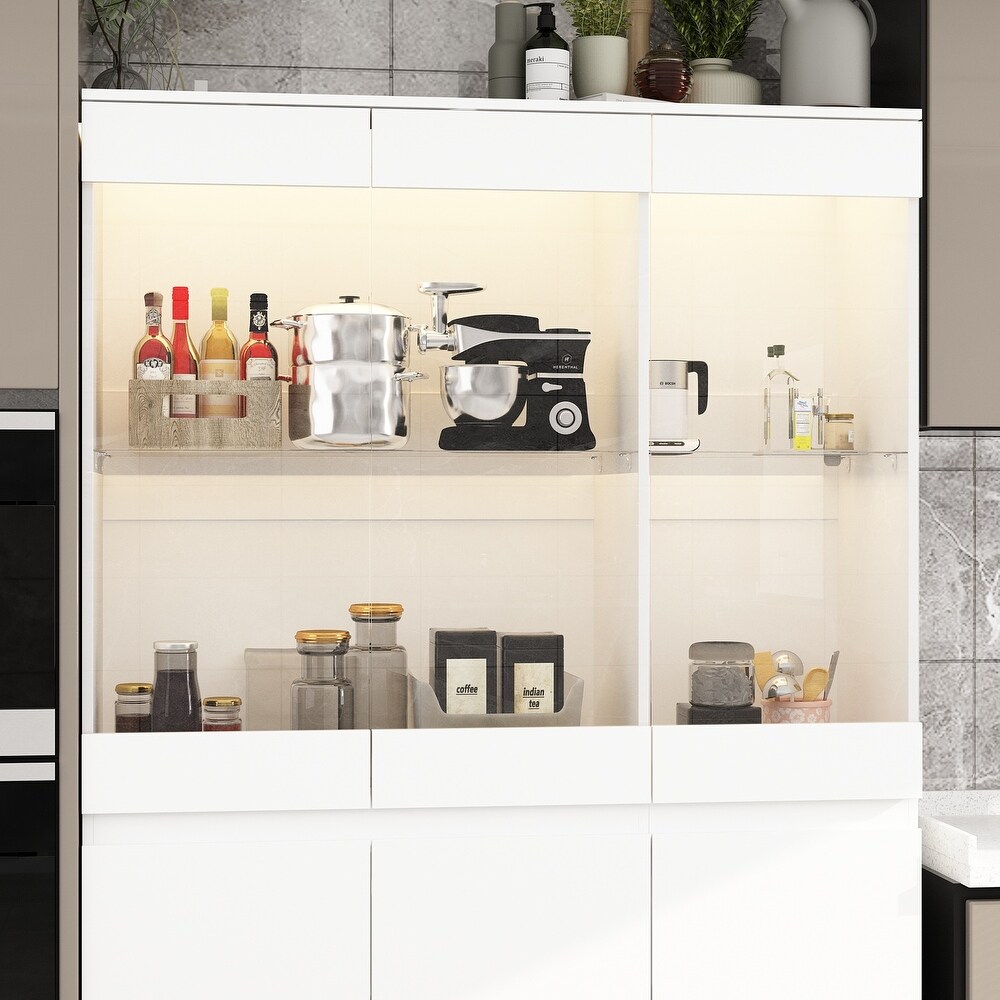 Storage Cabinet with LED Light Kitchen Pantry Cabinet with Glass Doors   47.2\