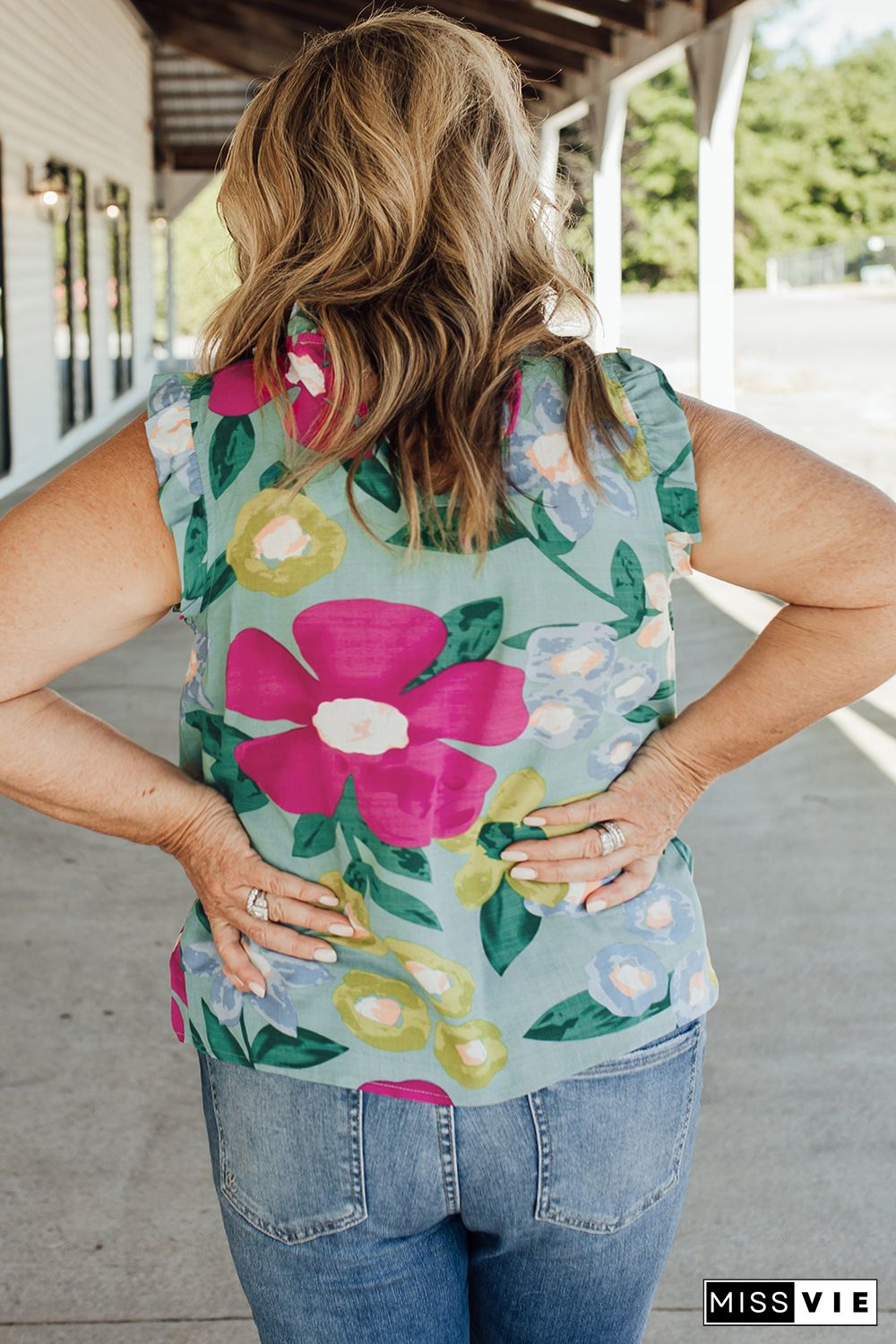 Multicolor Plus Size Floral Print Ruffle Trim Tank Top