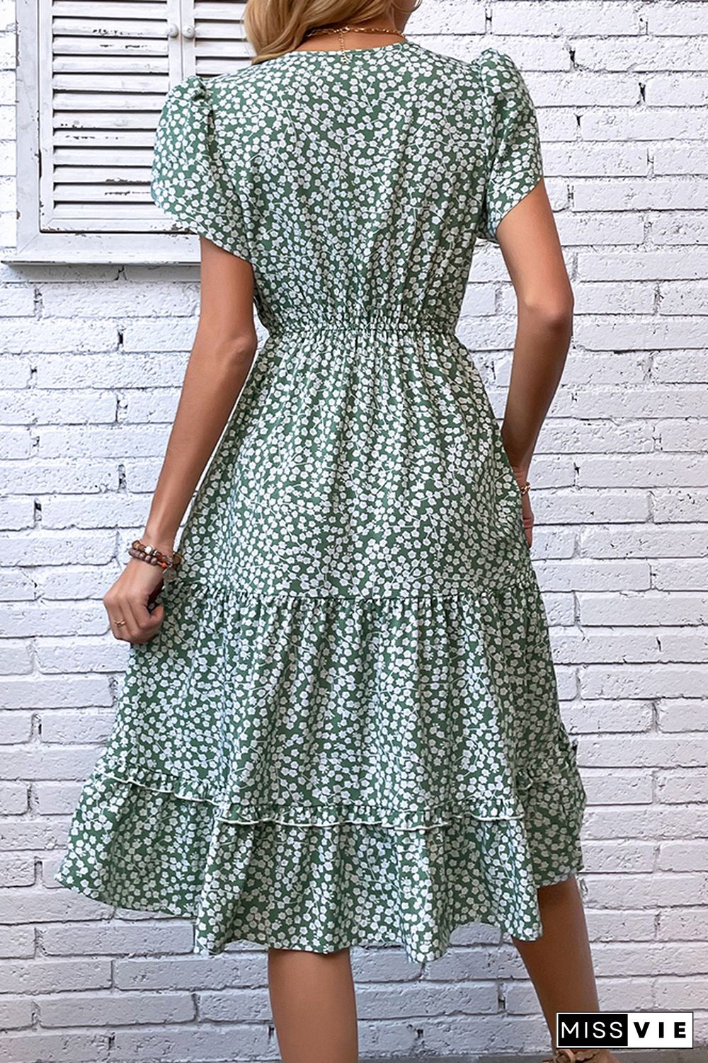 Green Flower Print Elastic Wasit Splicing Dress