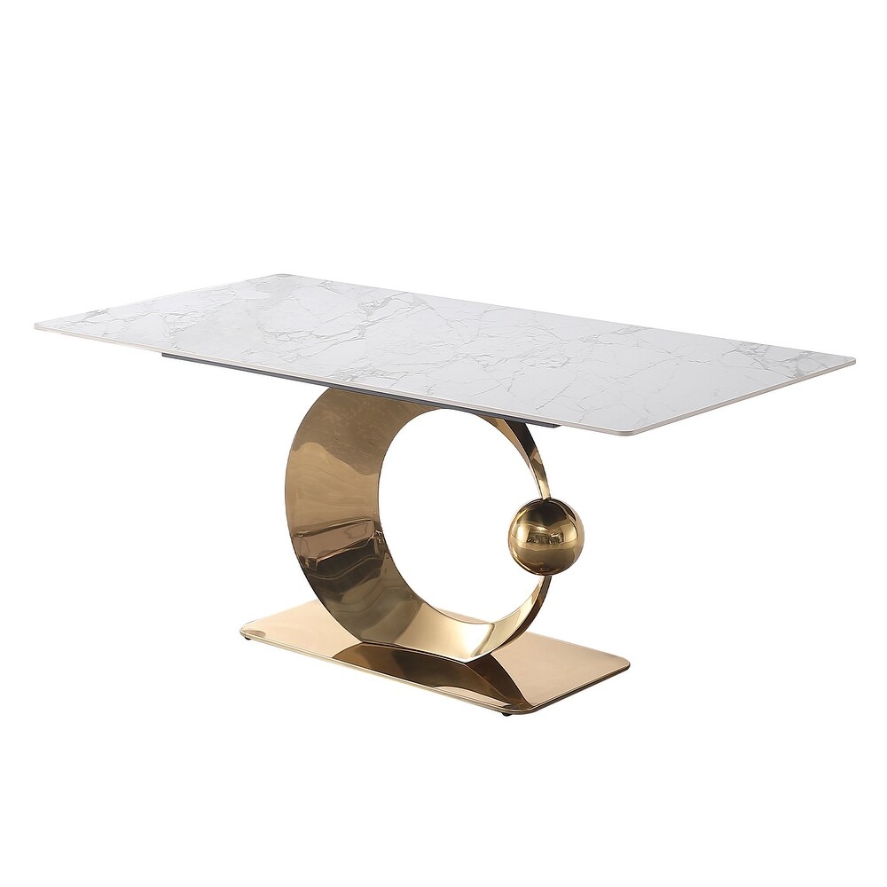 71 Inch Stone DiningTable with Carrara White color and Round special shape stainless steel Gold Pedestal Base