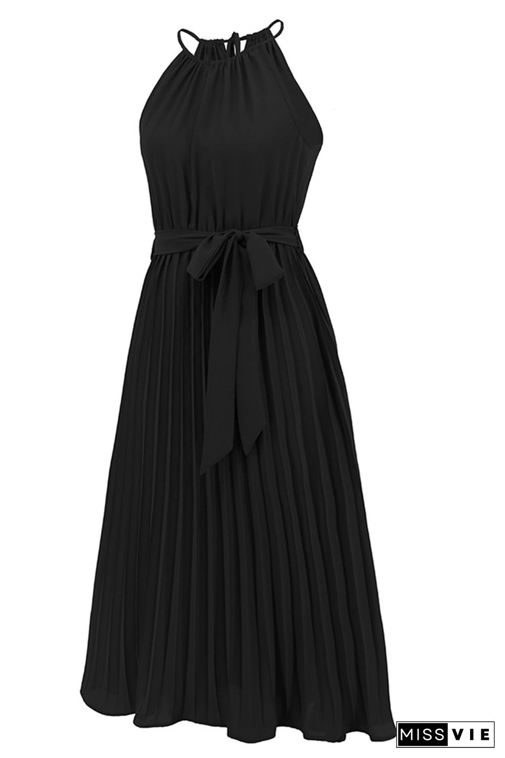 Plain Halter Sleeveless Pleated Midi Dress