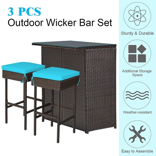 Costway 3PCS Patio Rattan Wicker Bar Table Stools Dining Set Cushioned