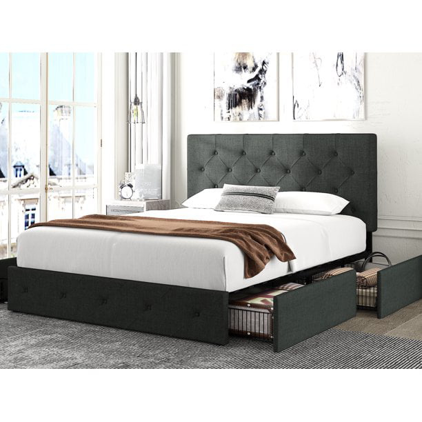 Amolife Queen Size Platform Bed Frame with Headboard and 4 Drawers, Dark Grey