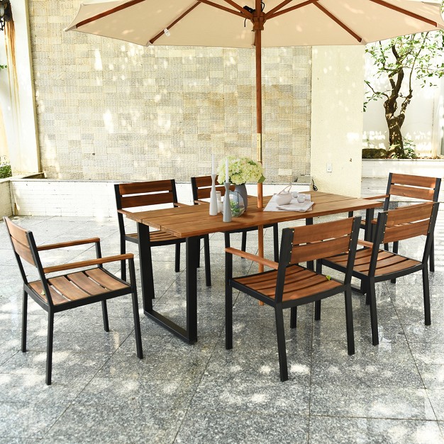 Costway 7pcs Patented Patio Dining Chair Table Set Acacia Wood Backyard W umbrella Hole