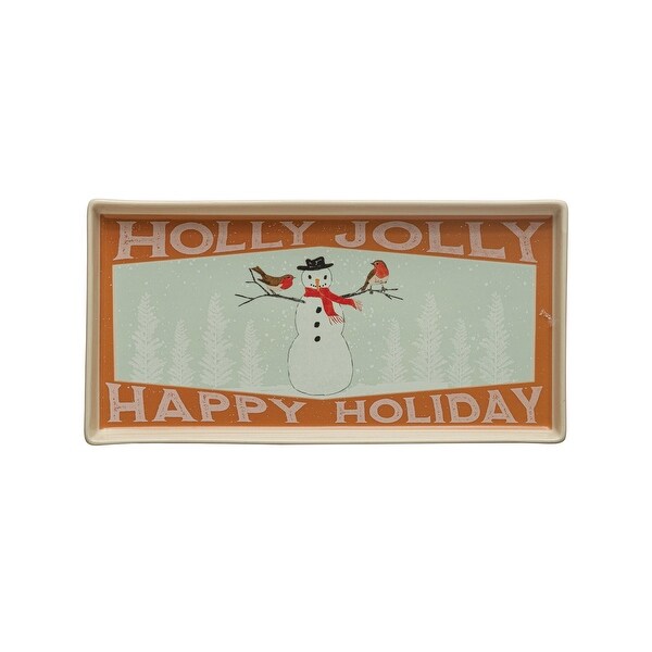 Stoneware Tray with Snowman and Holly Jolly Happy Holiday Message