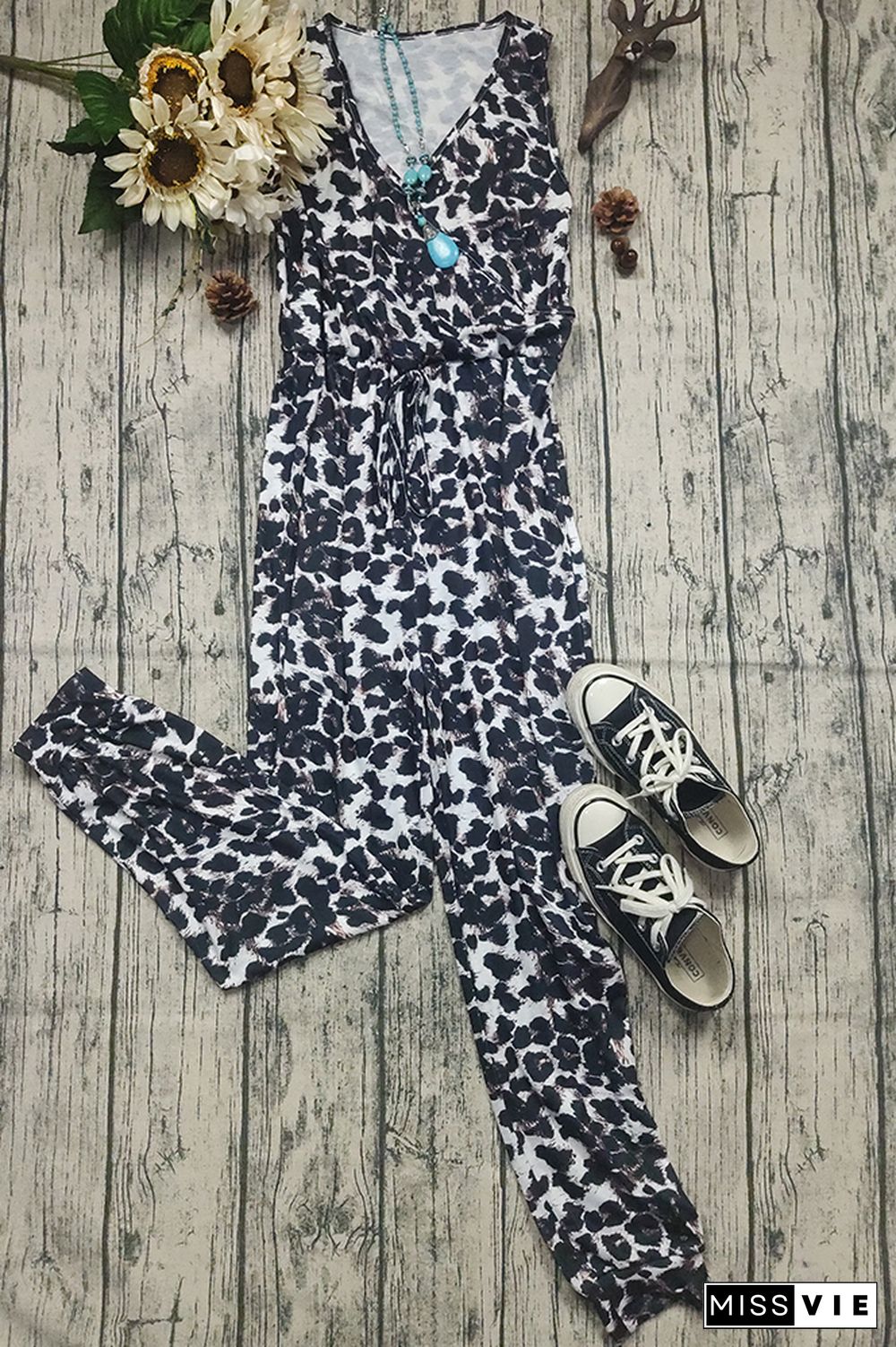 Leopard Floral Print Drawstring V-neck Sleeveless Jumpsuit