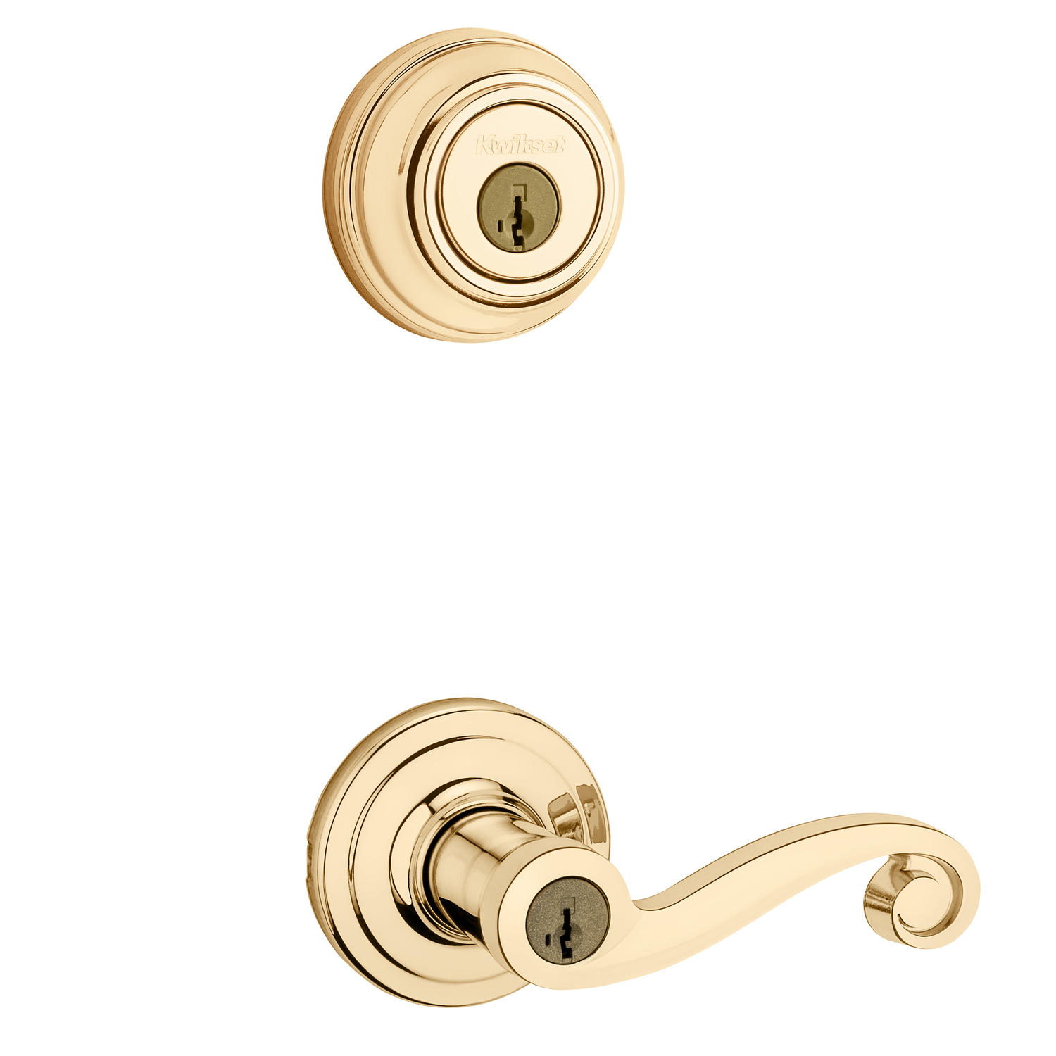 Kwikset SmartKey Lido Polished Brass Entry Lever and Deadbolt Set KW1 1-3/4 in.