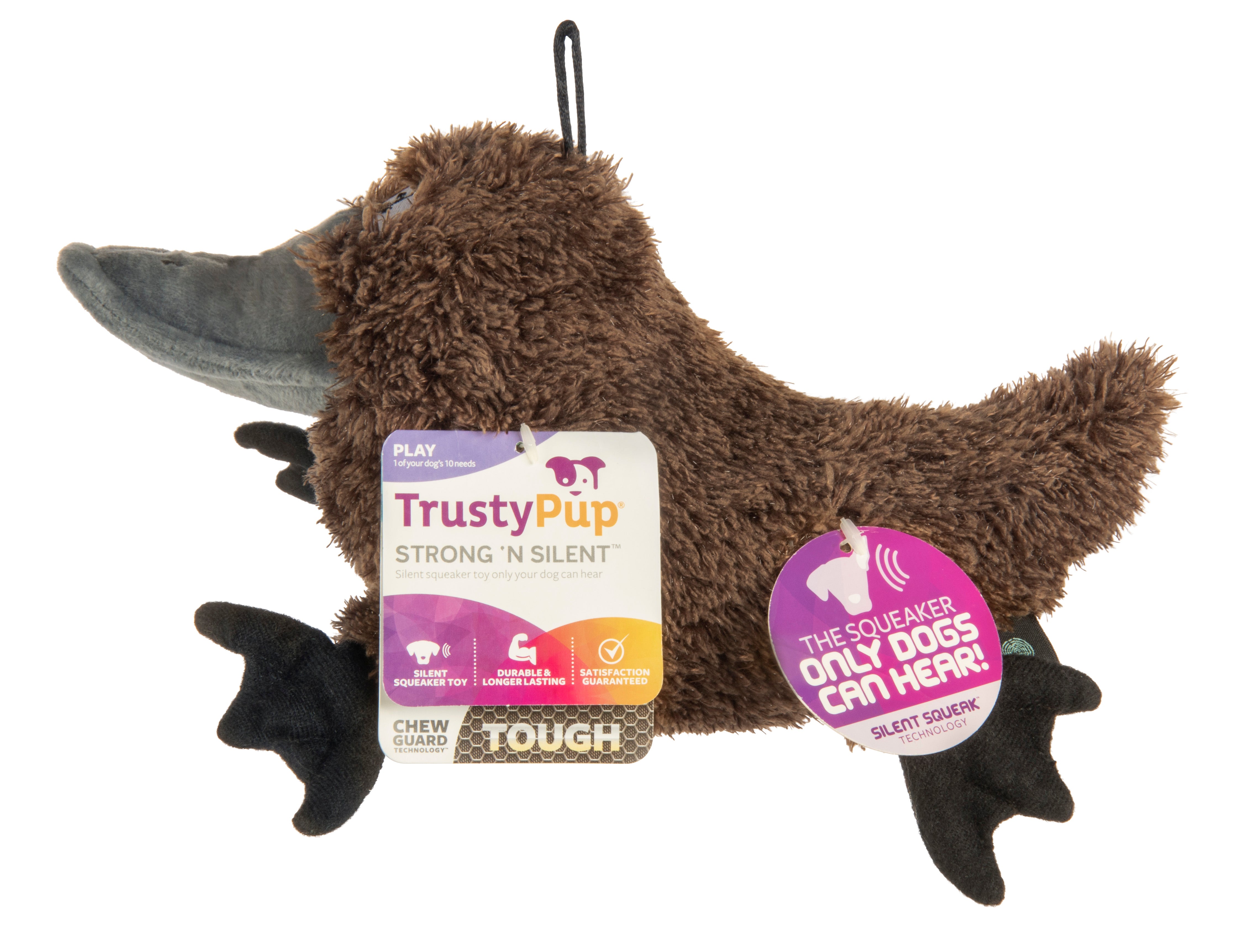 TrustyPup Strong 'N Silent Platypus， Durable Plush Silent Squeaker Dog Toy with Chew Guard Technology， Brown， Large