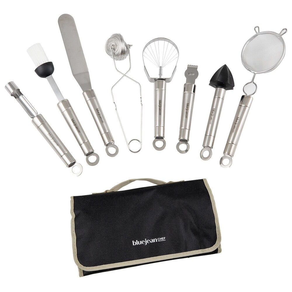 Blue Jean Chef 8 Piece Kitchen Tool and Gadget Set  Stainless Steel Kitchen Tools with Storage Pouch  Dishwasher Safe