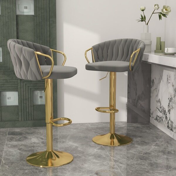 Set of 2 Bar Stool Adjustable Height Swivel Velvet Woven