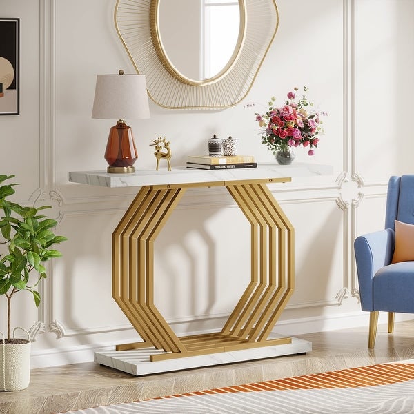 Gold Console Table， Faux Marble Entryway Table Narrow Sofa Table， 40 Inch Modern Accent Table Entrance Table for Living Room