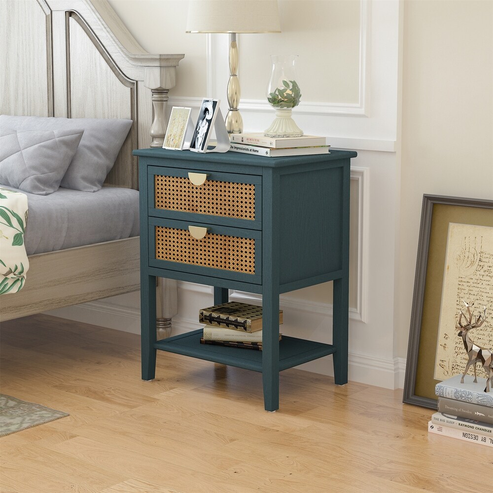 Natural Rattan 2 Drawer Nightstand Side Table