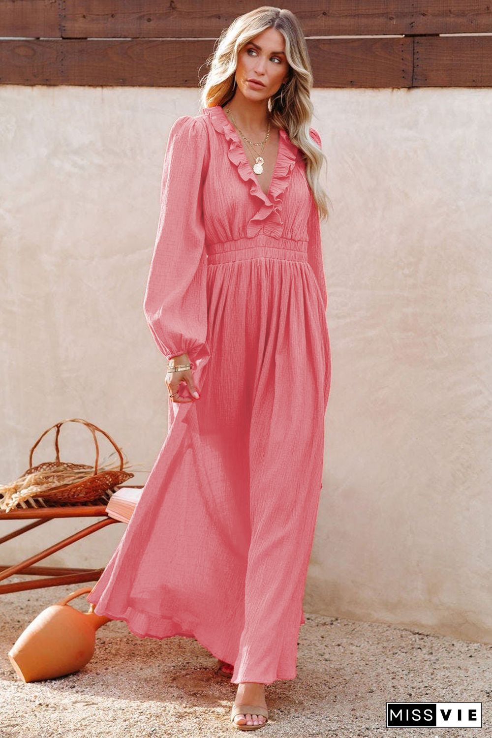 Ruffled V Neck Empire Waist Maxi Dress