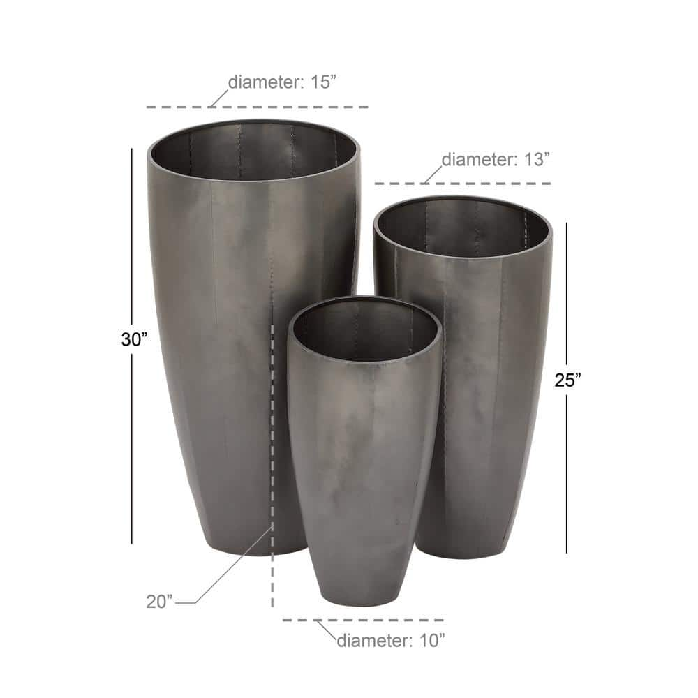 Litton Lane 15 in. x 30 in. Gray Metal Light Weight Planter with Tapered Base and Polished Exterior (Set of 3) 53360