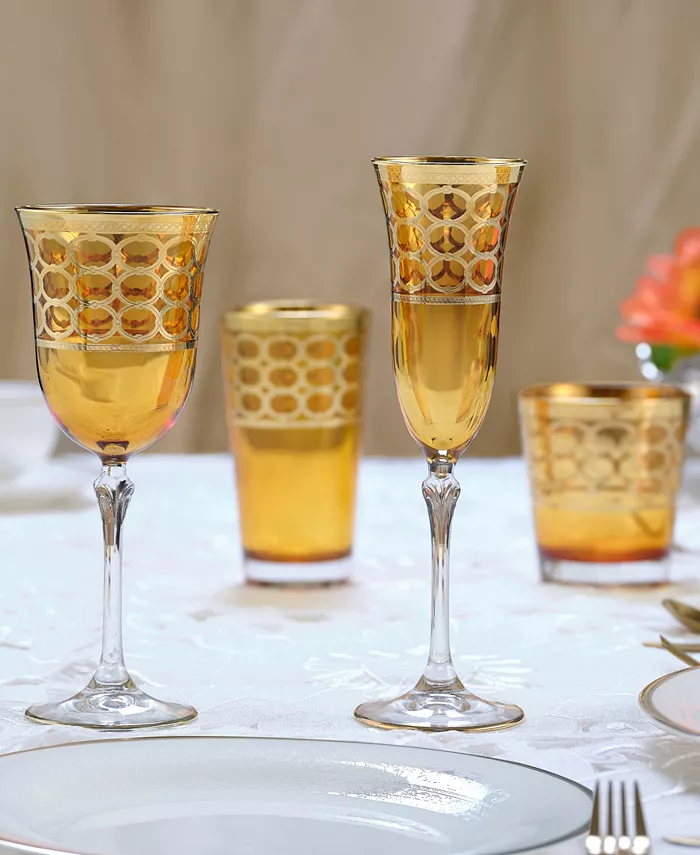 Lorren Home Trends Amber Color Red Wine Goblet with Gold-Tone Rings Set of 4