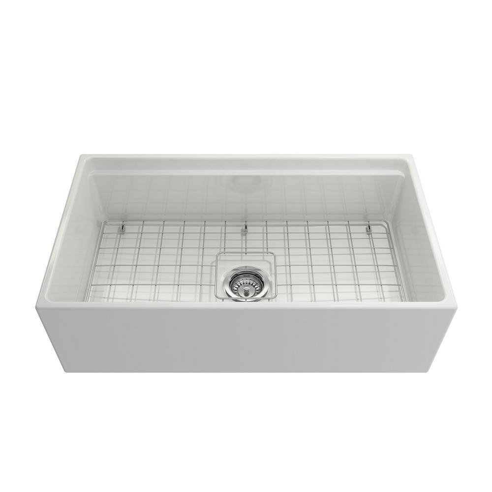 BOCCHI Contempo Step-Rim White Fireclay 33 in. Single Bowl Farmhouse Apron Front Workstation Kitchen Sink with Faucet 1504-001-2020SS