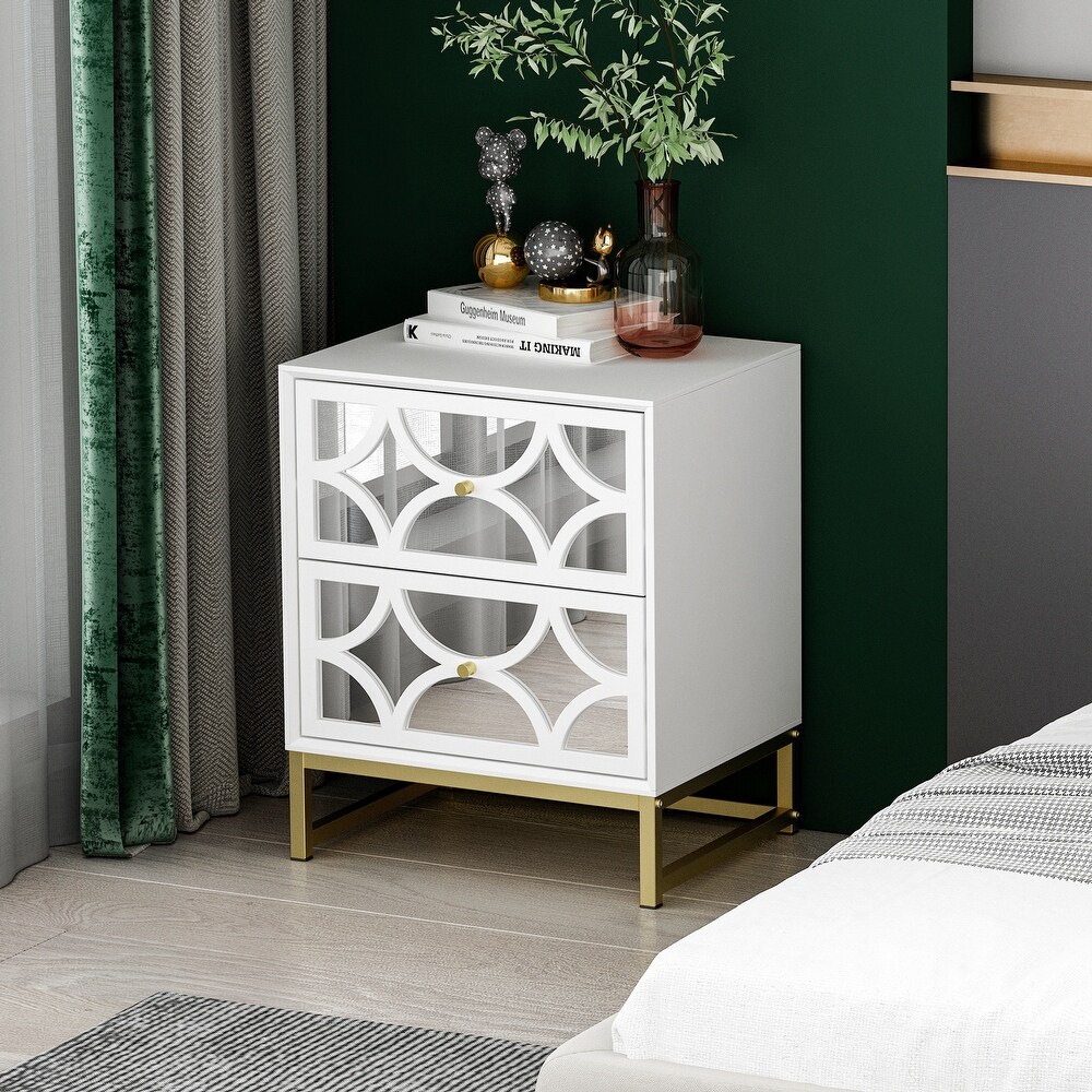 White Mirrored Nightstand with Gold Legs  2 Drawer Small Bedside Table  Side Table with Storage for Bedroom  Living Room