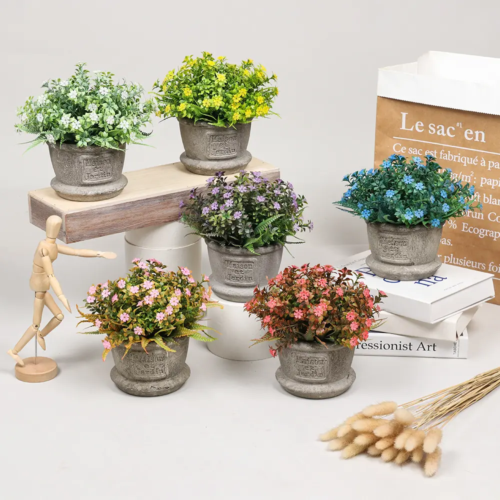 NEW TYPE Mini Potted Artificial Eucalyptus Plants Pack Set Gypsophila Rosemary Greenery in Pots Small Fake Plant Plastic Flower