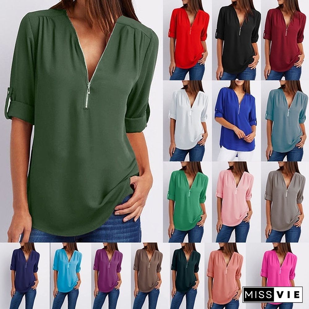 Plus Size Women's Fashion Chiffon Shirt V-neck Long Sleeve Loose Tops Zipper T-Shirt( S-4XL)