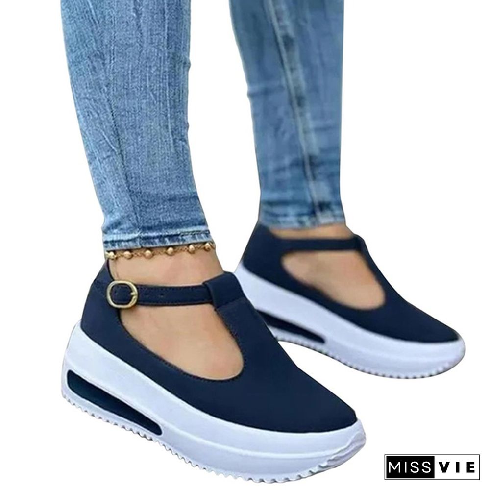 Women Summer Retro Buckle Round Head Wedge Platform Slip-On Sandals Solid Color Slipper Shake Shoes