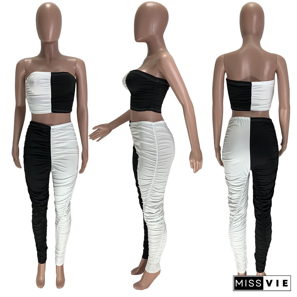 White Black Splicing Sexy Strapless Folds Pants 2 Pieces Suits