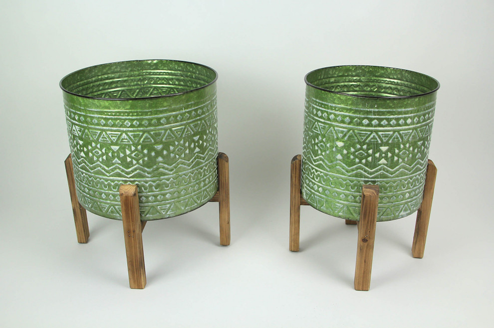 Set of 2 Native Geometric Pattern Stamped Metal Planters With Wooden Stands   Southwestern   Outdoor Pots And Planters   by Zeckos  Houzz