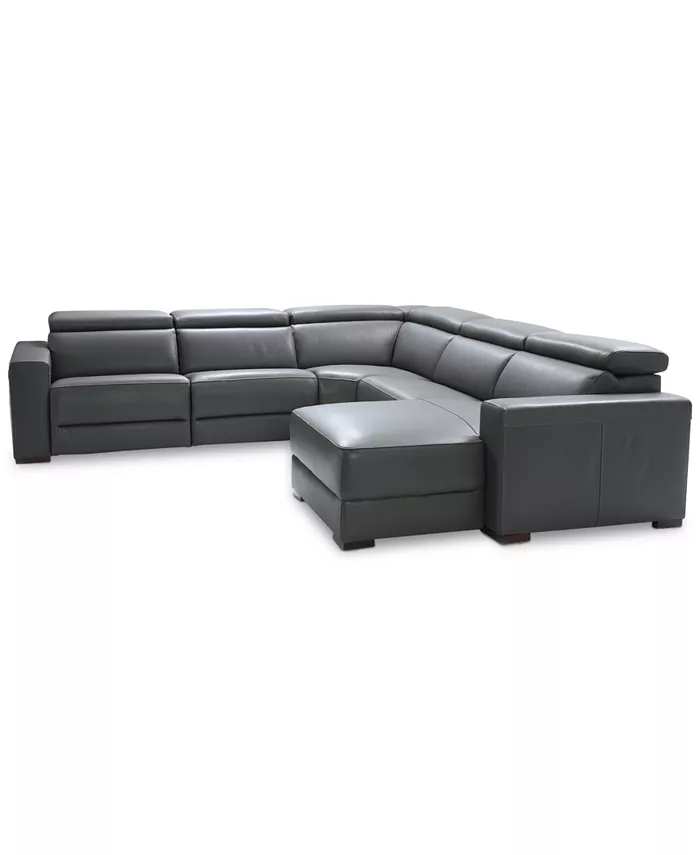 Furniture Nevio 124 5-pc Leather Sectional Sofa with Chaise 1 Power Recliner and Articulating Headrests