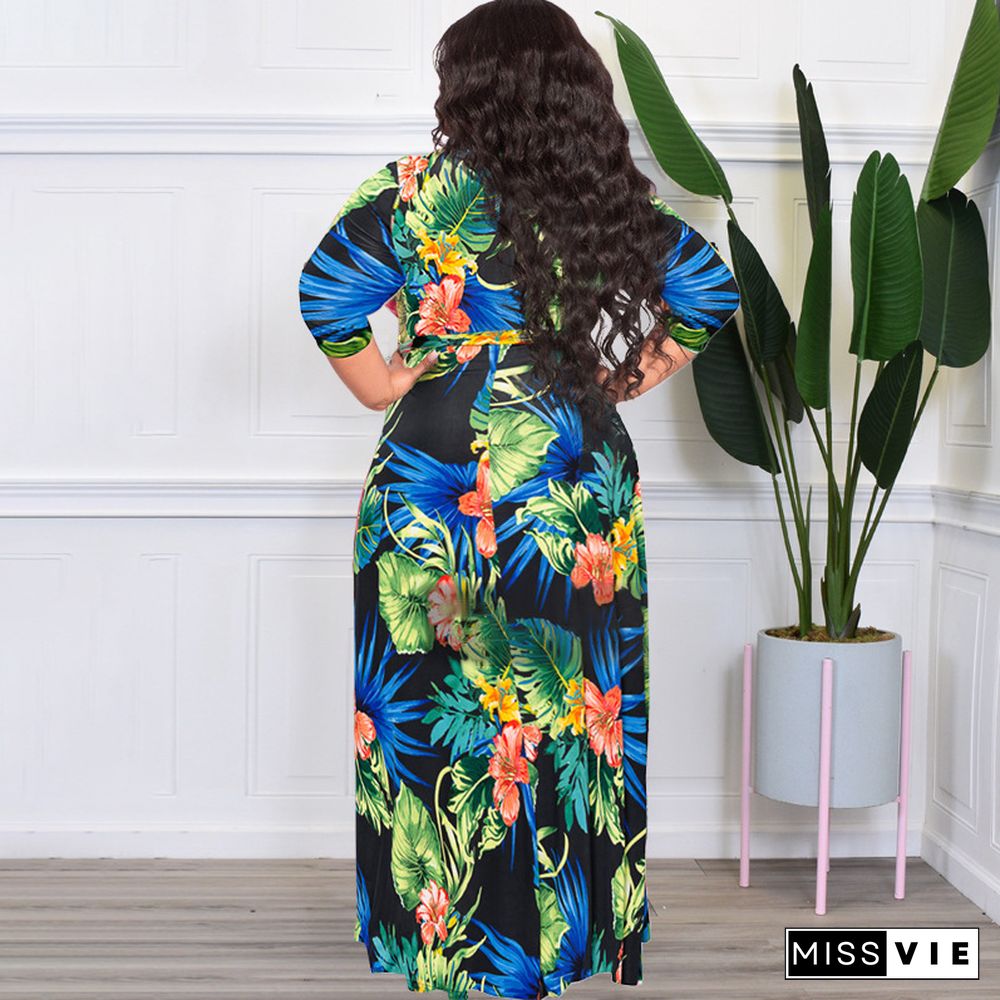 V Neck High Waist Vintage Plus Size Maxi Dress