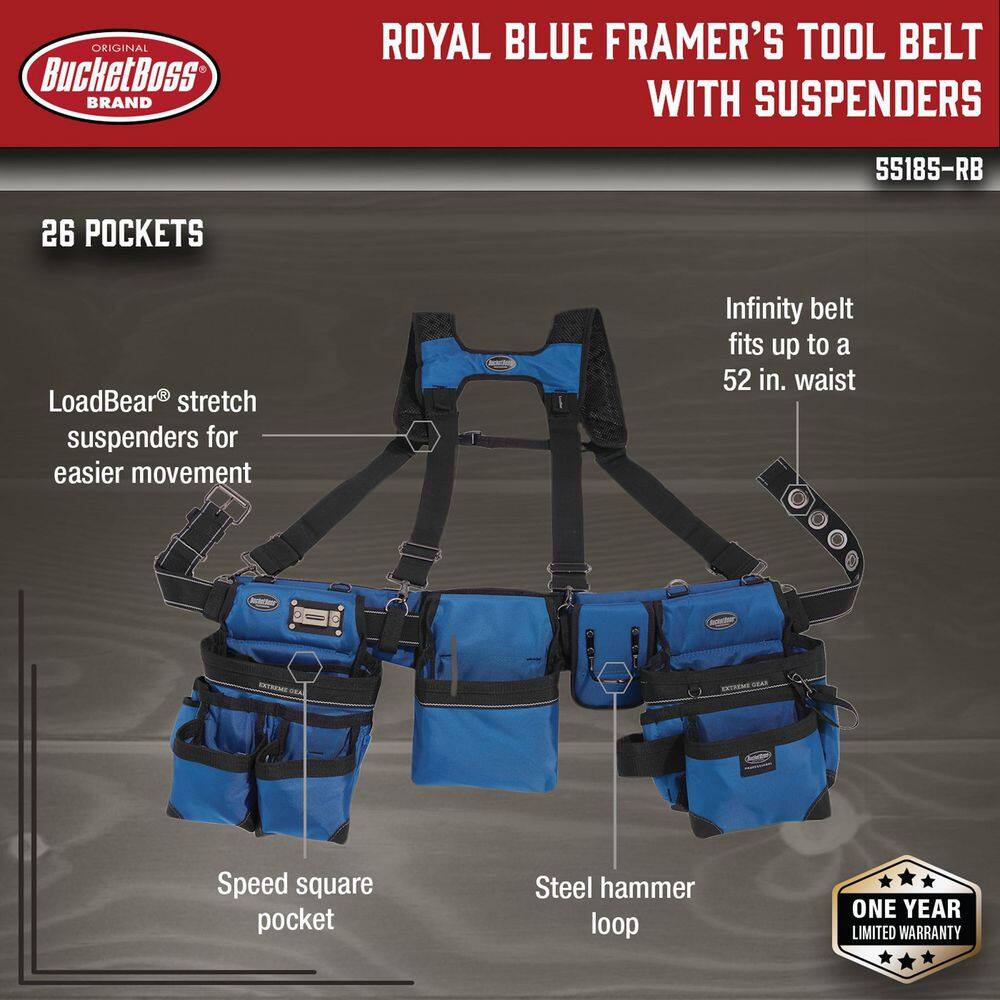 BUCKET BOSS 3-Bag Framer's Suspension Rig Work Tool Belt with Suspenders in Royal Blue 55185-RB