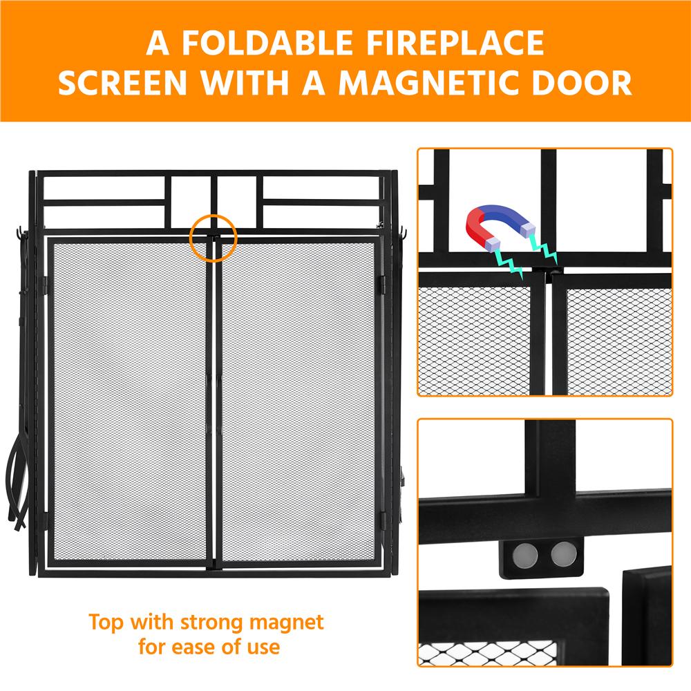 Easyfashion Foldable Fireplace Screen Tools Set Large Mesh Spark Guard Gate， Black