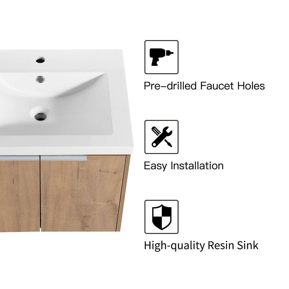 UPIKER Modern 24 in. W X 18 in. D x 20 in. H Bath Vanity in Imitative Oak with White Resin Vanity Top UP2208BCB24007