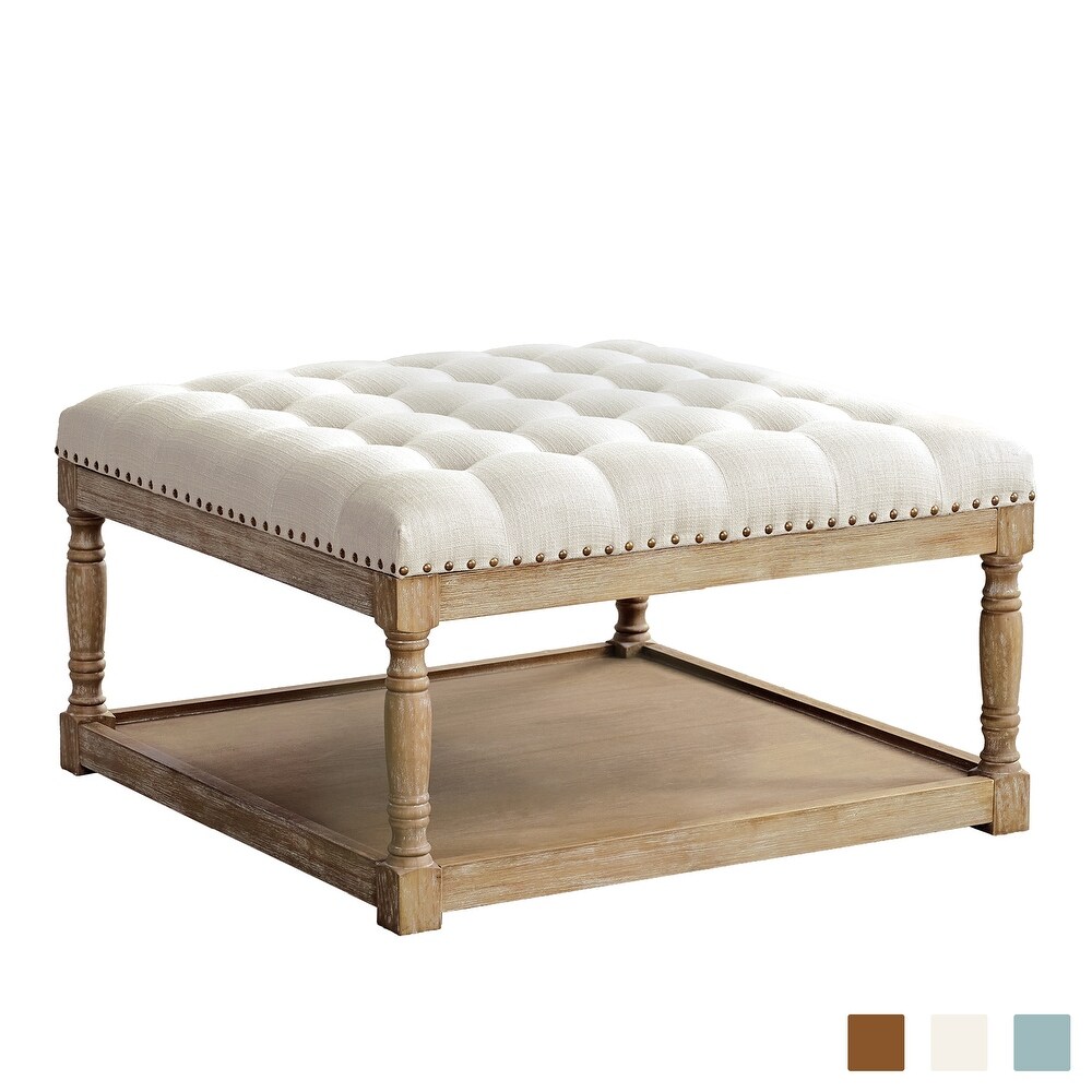 Tufted Textile Shelved Ottoman Table Brown/ Beige/ Light Blue