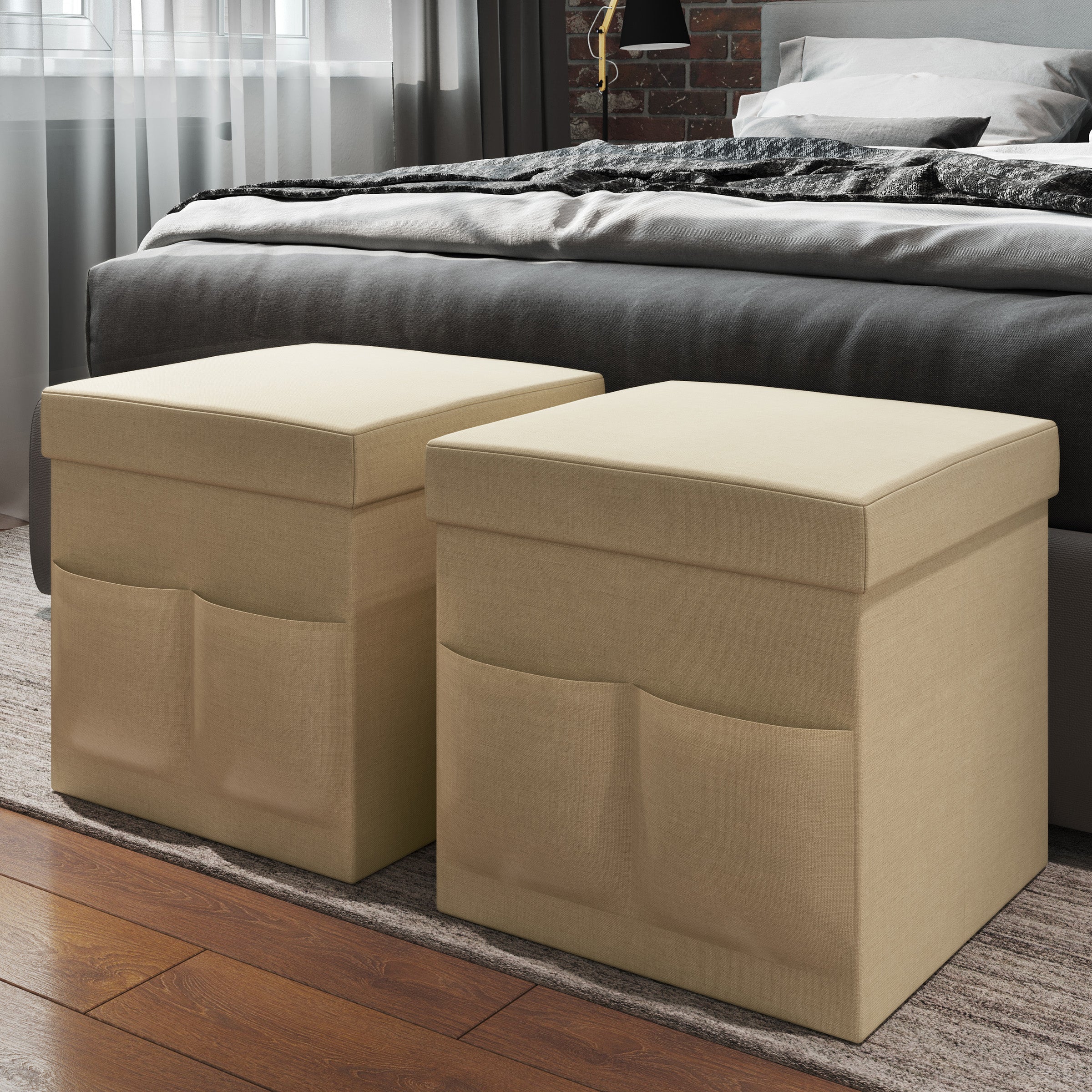 Somerset Home Foldable Ottoman Storage Cubes – 2-Pc Linen Beige