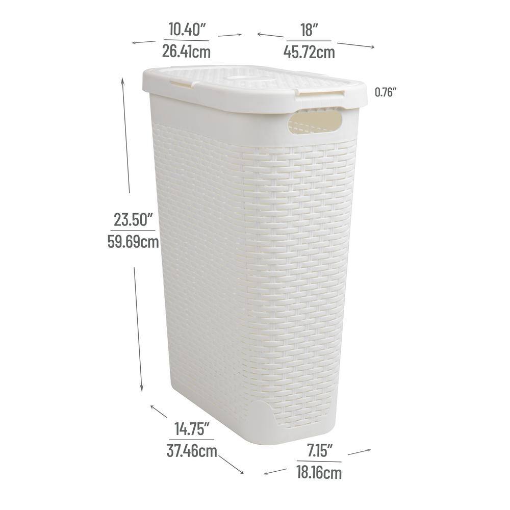 Mind Reader Basket Collection Slim Laundry Hamper 40 Liter (15kg33lbs) Capacity Cut Out Handles Attached Hinged Lid White 40HAMP-WHT