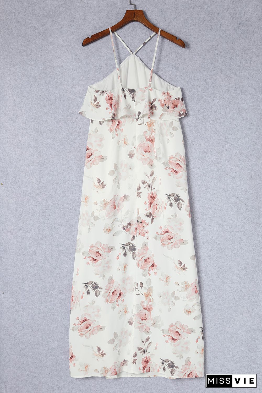 White Floral Slit Ruffled Halterneck Maxi Dress