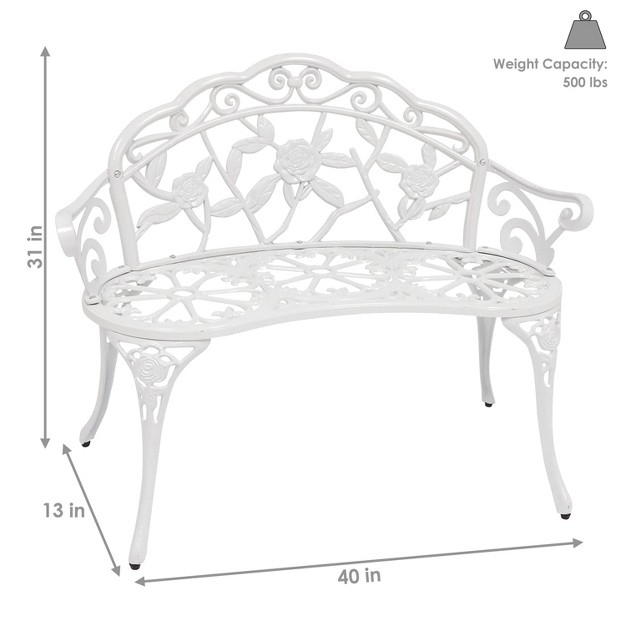 Sunnydaze 2 person Classic Rose Design Cast Aluminum Outdoor Garden Bench White