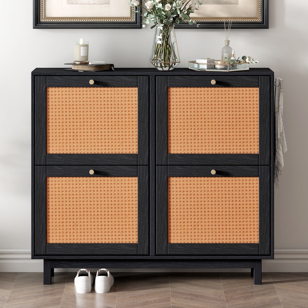 Rattan 2 Tier Shoe Cabinet with 4 Flip Drawers