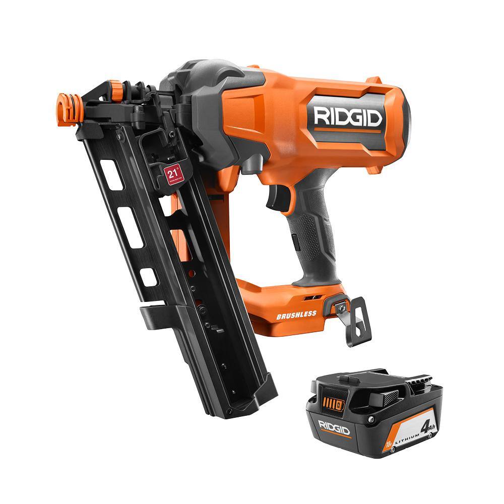 RIDGID 18V Lithium-Ion Brushless Cordless 21 3-12 in. Framing Nailer with 18V Lithium-Ion 4.0 Ah Battery R09894B-AC87004